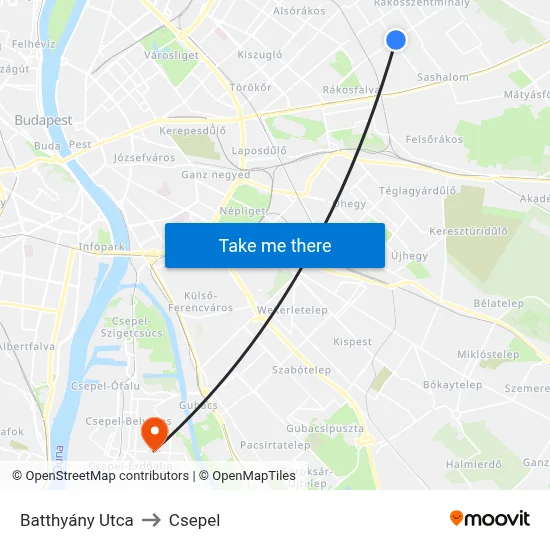 Batthyány Utca to Csepel map
