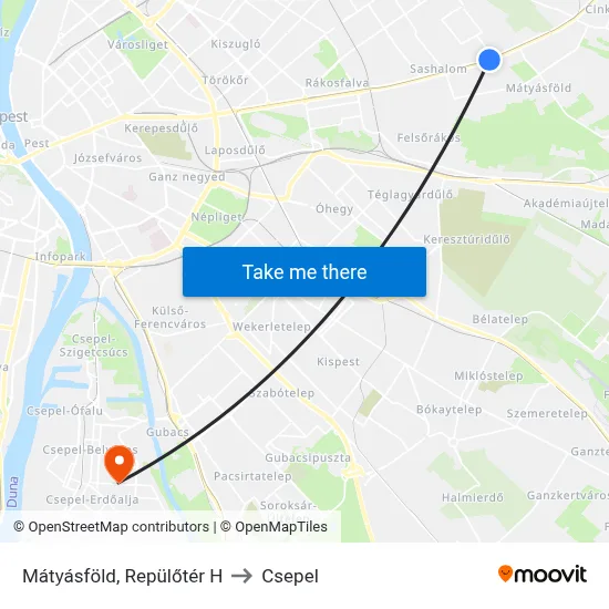 Mátyásföld, Repülőtér H to Csepel map