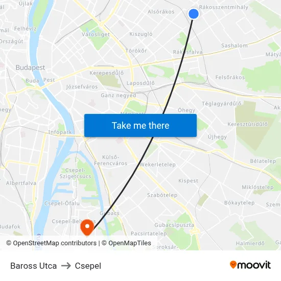 Baross Utca to Csepel map