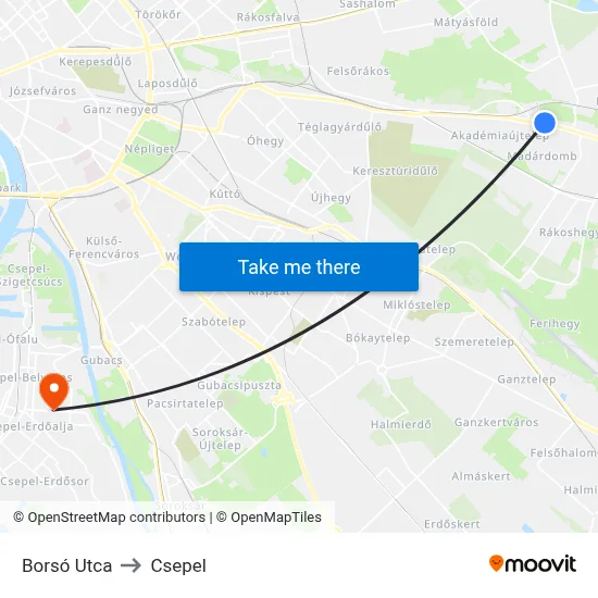 Borsó Utca to Csepel map