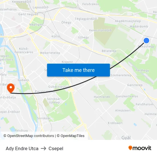 Ady Endre Utca to Csepel map
