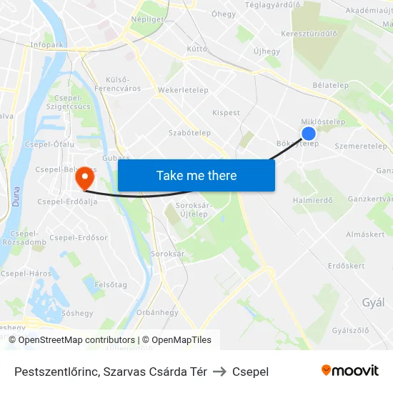Pestszentlőrinc, Szarvas Csárda Tér to Csepel map