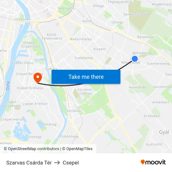 Szarvas Csárda Tér to Csepel map