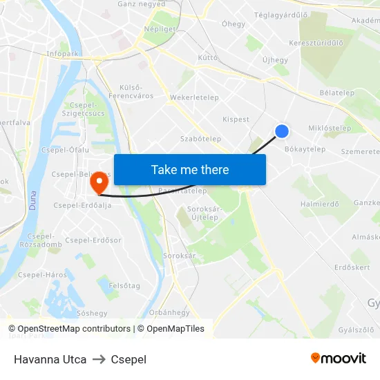 Havanna Utca to Csepel map