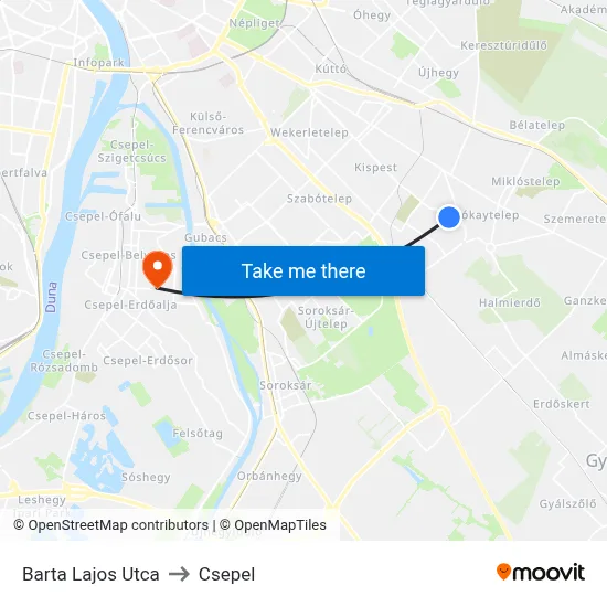 Barta Lajos Utca to Csepel map
