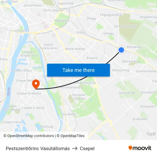 Pestszentlőrinc Vasútállomás to Csepel map