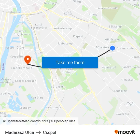 Madarász Utca to Csepel map