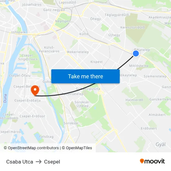 Csaba Utca to Csepel map
