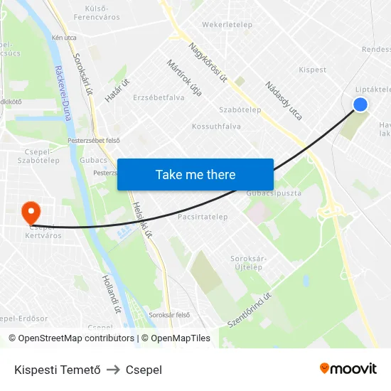 Kispesti Temető to Csepel map