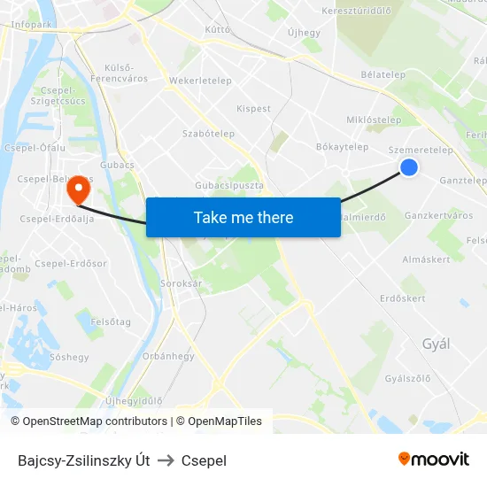 Bajcsy-Zsilinszky Út to Csepel map
