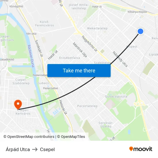 Árpád Utca to Csepel map