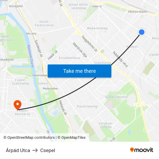 Árpád Utca to Csepel map