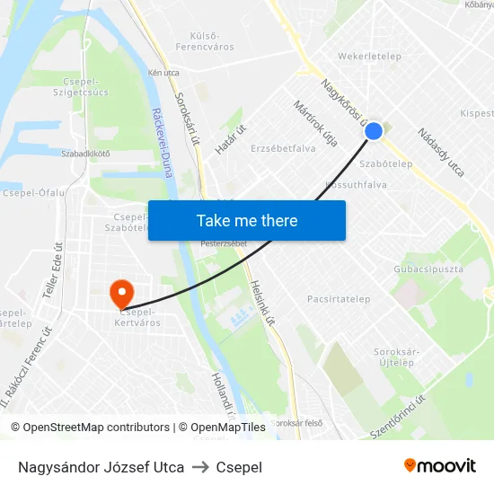 Nagysándor József Utca to Csepel map