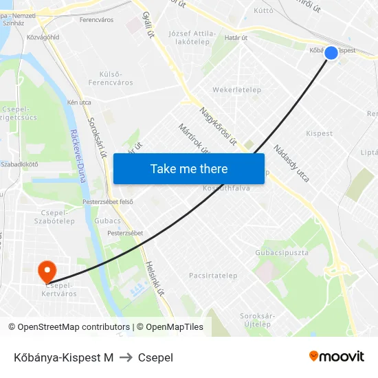 Kőbánya-Kispest M to Csepel map