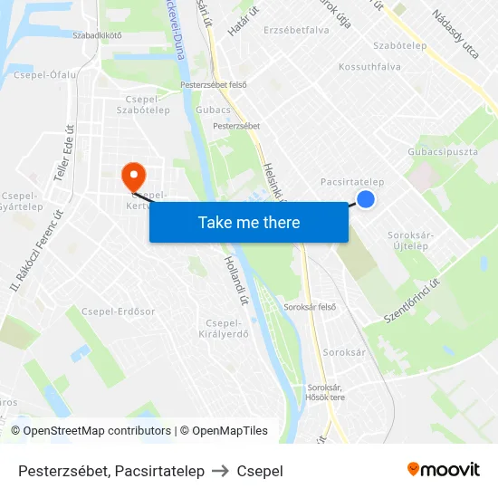 Pesterzsébet, Pacsirtatelep to Csepel map