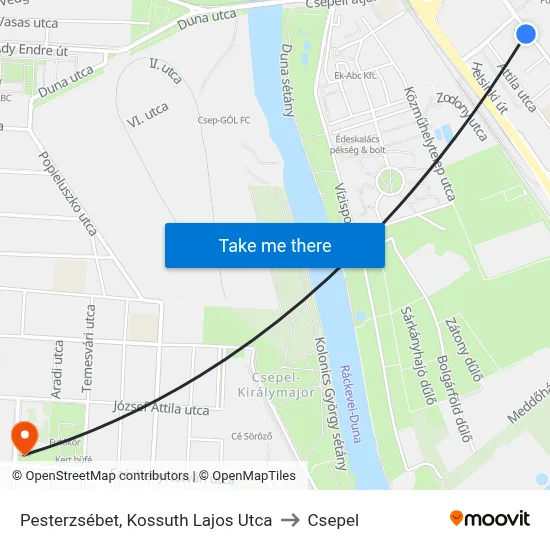 Pesterzsébet, Kossuth Lajos Utca to Csepel map