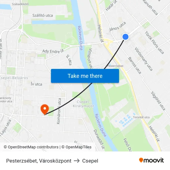Pesterzsébet, Városközpont to Csepel map
