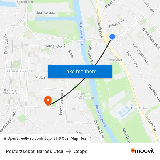 Pesterzsébet, Baross Utca to Csepel map