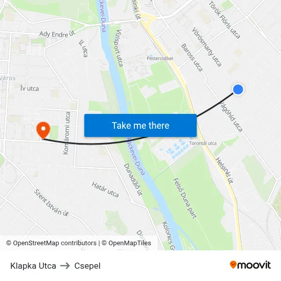 Klapka Utca to Csepel map