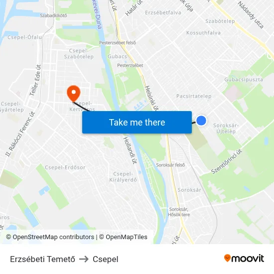 Erzsébeti Temető to Csepel map