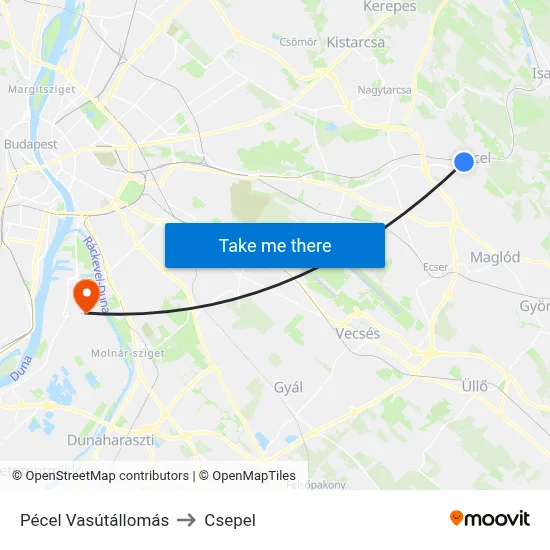 Pécel Vasútállomás to Csepel map