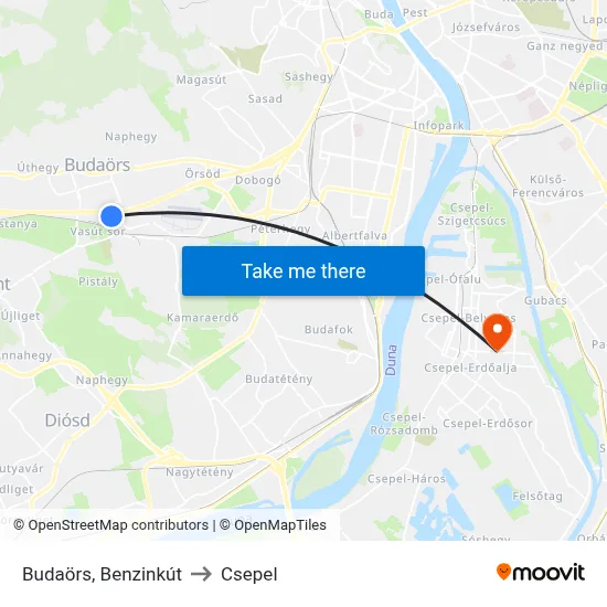Budaörs, Benzinkút to Csepel map