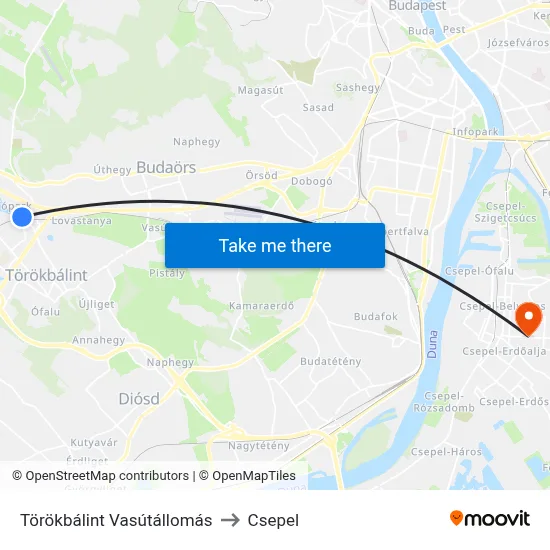Törökbálint Vasútállomás to Csepel map