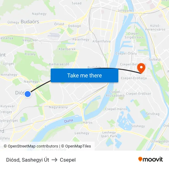 Diósd, Sashegyi Út to Csepel map