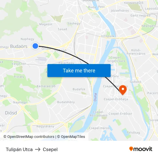 Tulipán Utca to Csepel map