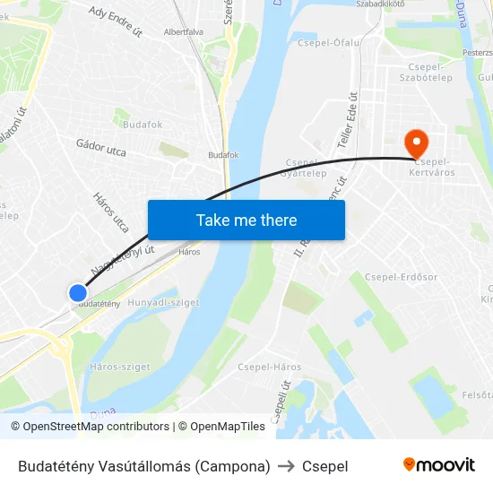 Budatétény Vasútállomás (Campona) to Csepel map