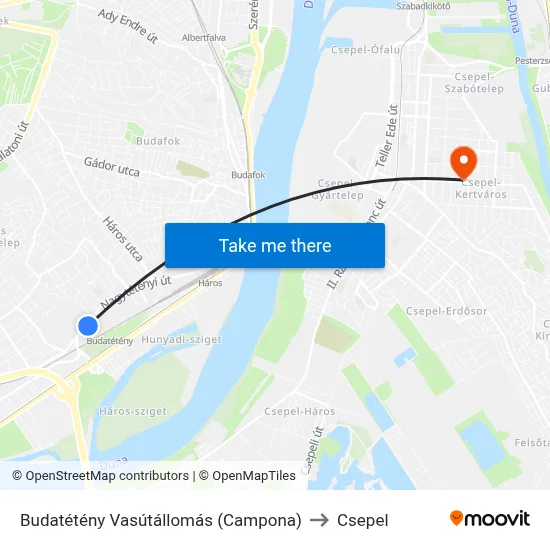 Budatétény Vasútállomás (Campona) to Csepel map