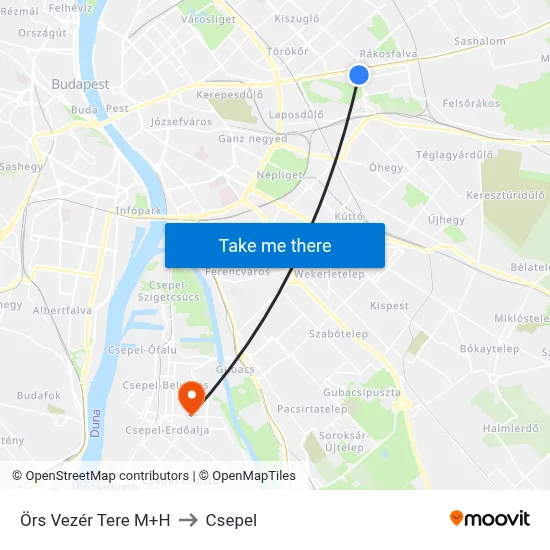 Örs Vezér Tere M+H to Csepel map