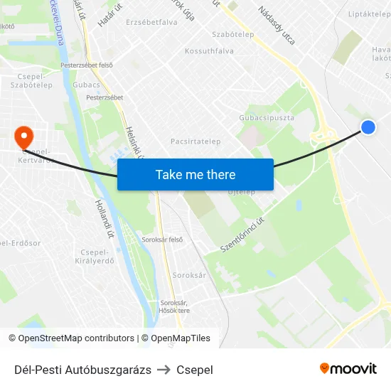 Dél-Pesti Autóbuszgarázs to Csepel map