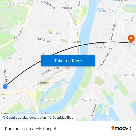 Damjanich Utca to Csepel map