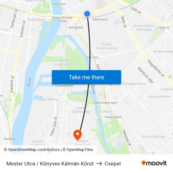 Mester Utca / Könyves Kálmán Körút to Csepel map