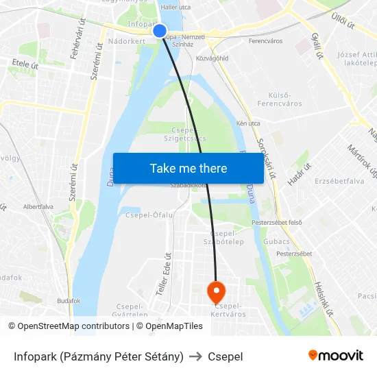 Infopark (Pázmány Péter Sétány) to Csepel map