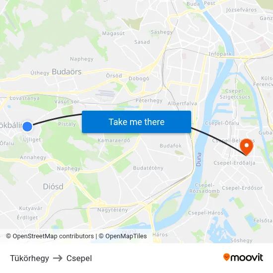 Tükörhegy to Csepel map
