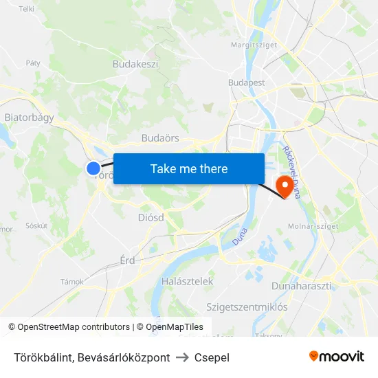 Törökbálint, Bevásárlóközpont to Csepel map