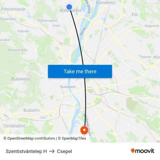 Szentistvántelep H to Csepel map