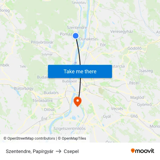 Szentendre, Papírgyár to Csepel map