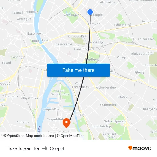 Tisza István Tér to Csepel map