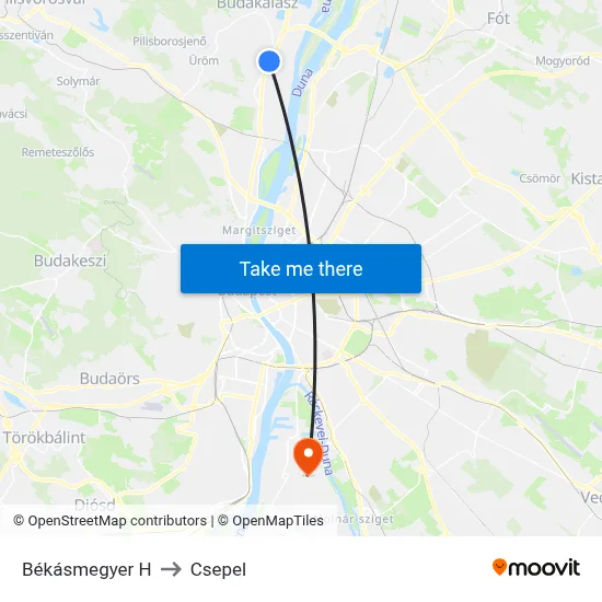 Békásmegyer H to Csepel map