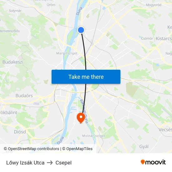 Lőwy Izsák Utca to Csepel map