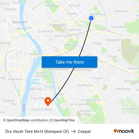 Örs Vezér Tere M+H (Kerepesi Út) to Csepel map