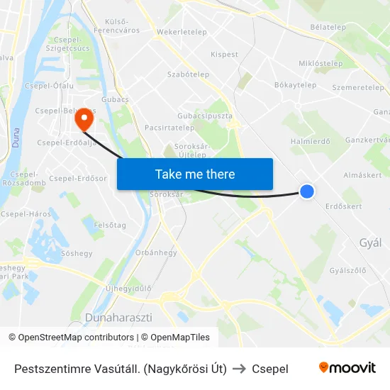 Pestszentimre Vasútáll. (Nagykőrösi Út) to Csepel map