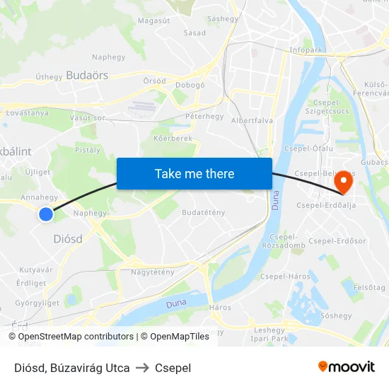 Diósd, Búzavirág Utca to Csepel map