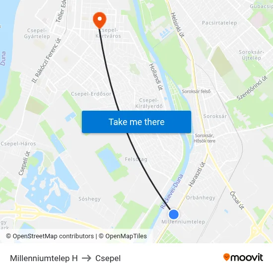 Millenniumtelep H to Csepel map