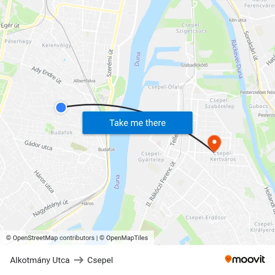 Alkotmány Utca to Csepel map