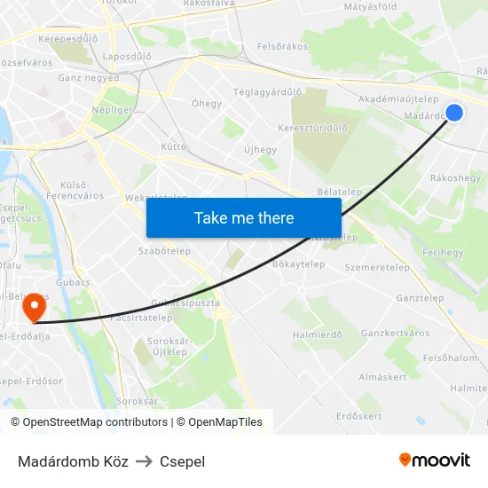 Madárdomb Köz to Csepel map