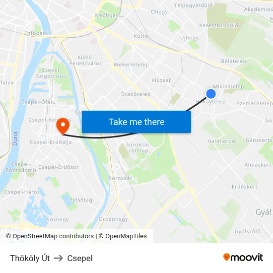 Thököly Út to Csepel map